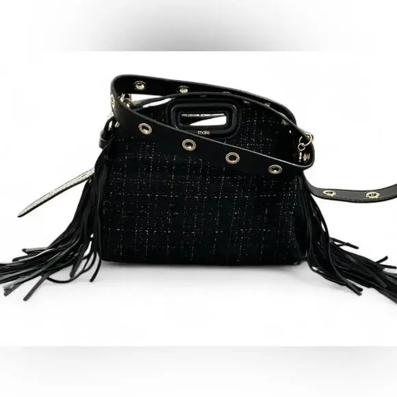 NWT MAJE Black Gold Metallic Tweed Crossbody Shoulder Bag Purse Leather Tassel - Picture 3 of 10